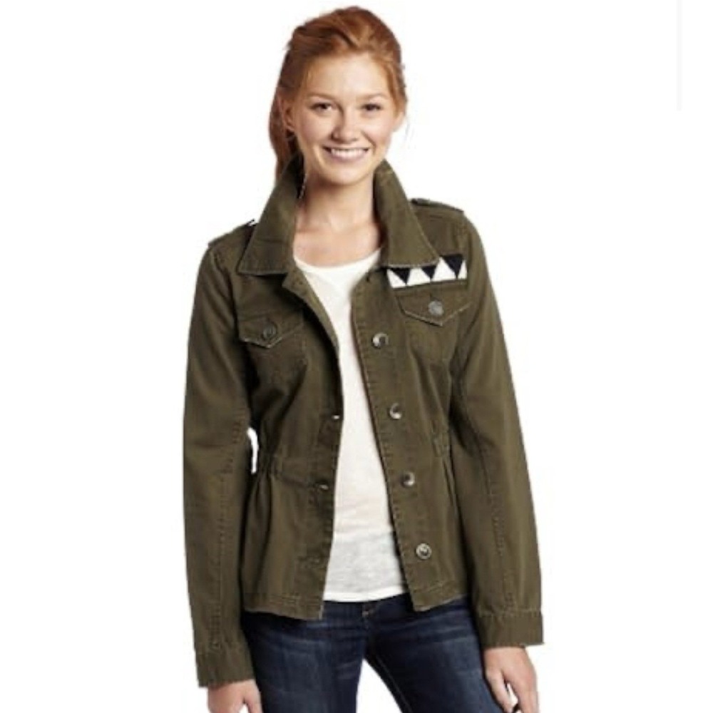 Roxy Embroidered Drab Olive Green Distressed Army Military Utility Jacket Sz XL